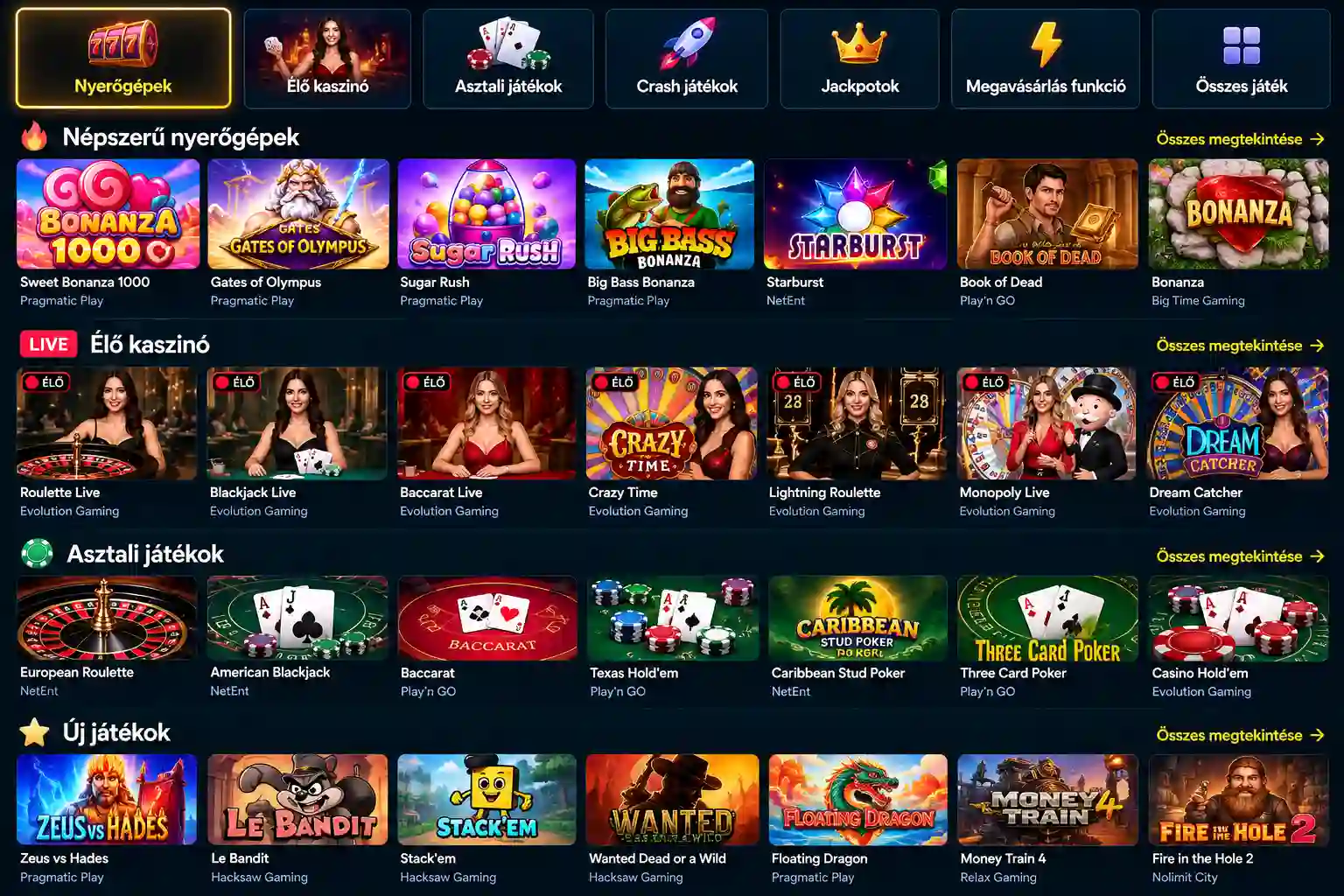 Vox Casino játéklobby – kategóriaválasztó sávval