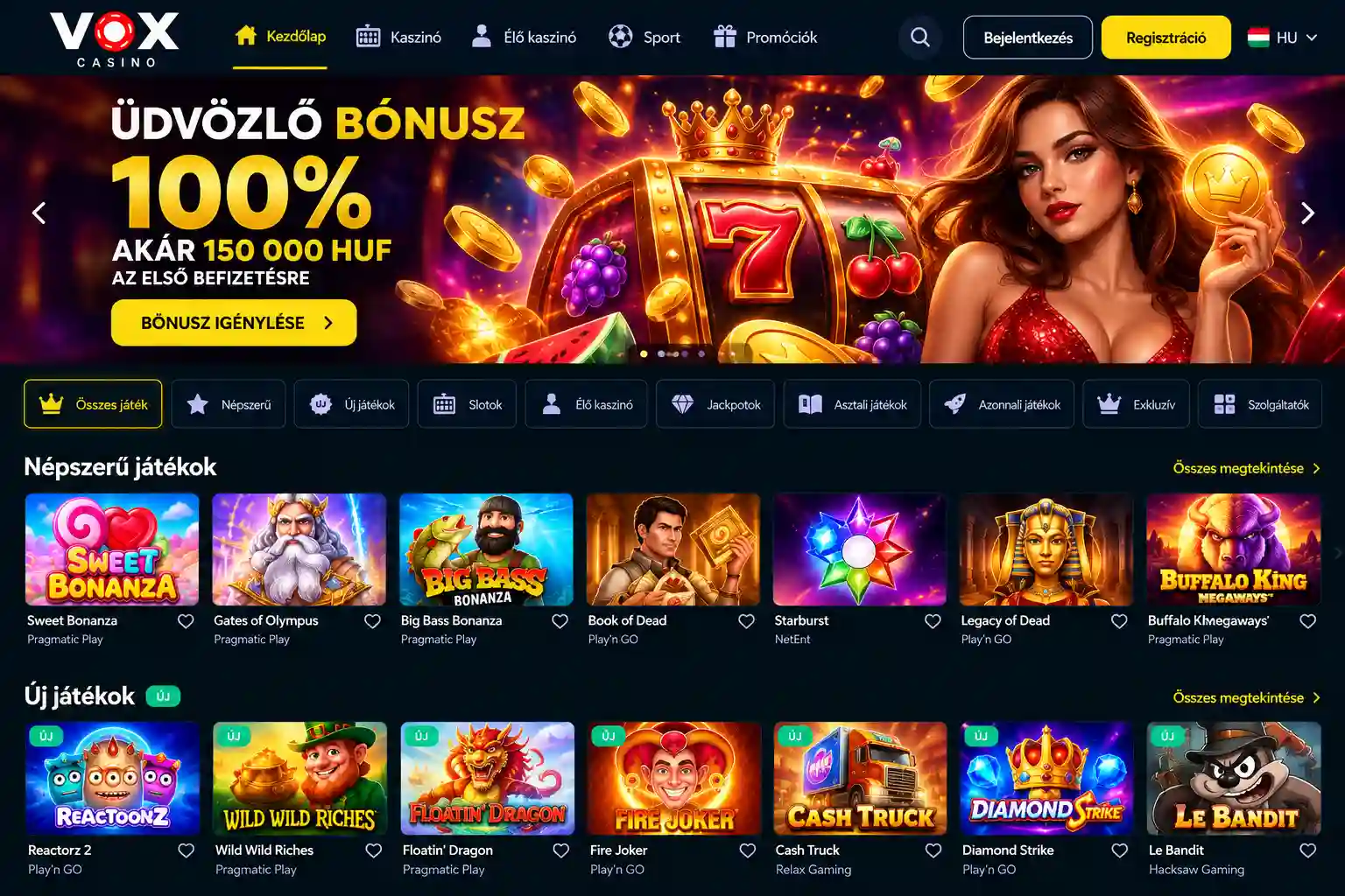 Vox Casino főoldal – asztali nézet
