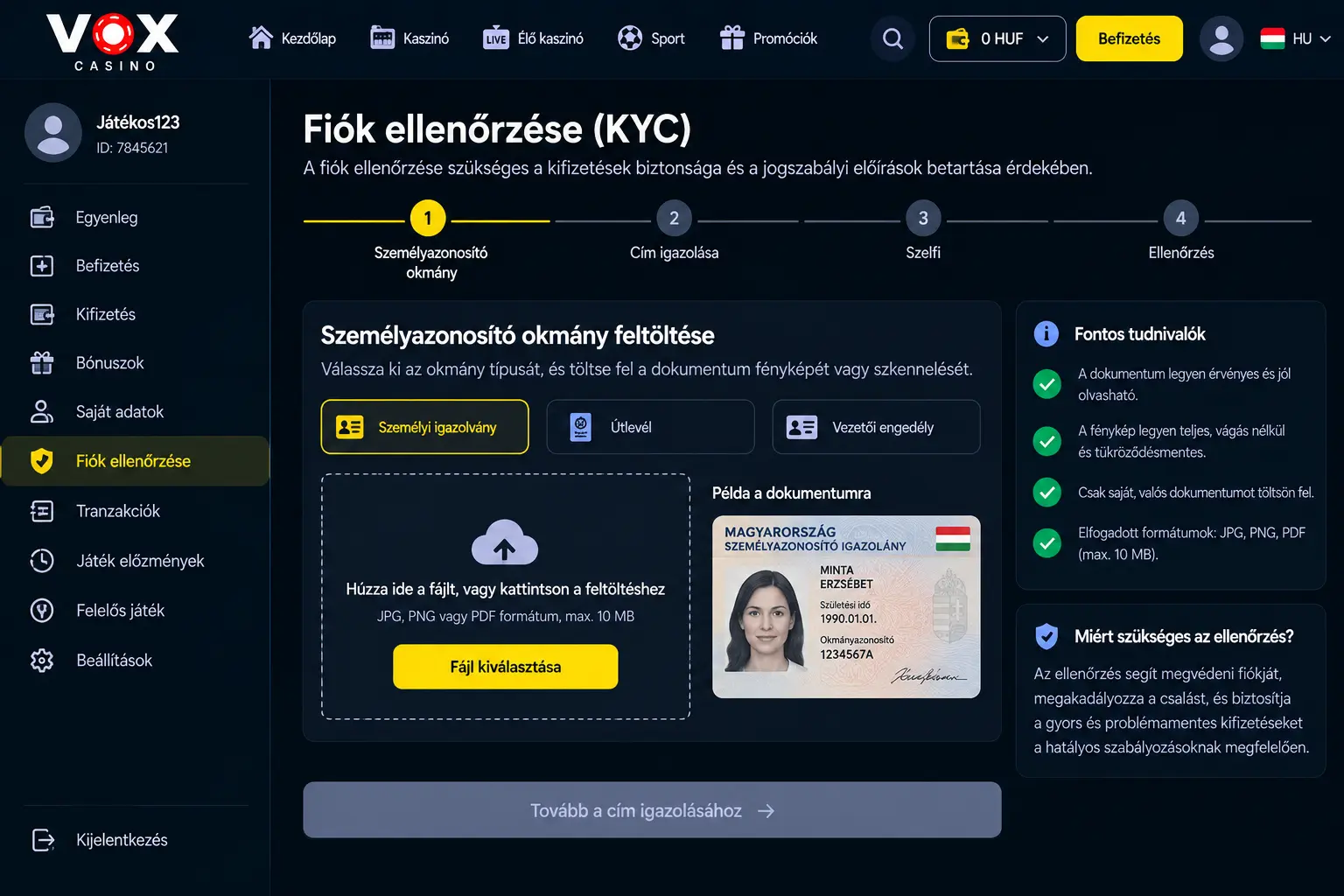 Vox Casino fiókverifikáció – KYC dokumentumfeltöltés