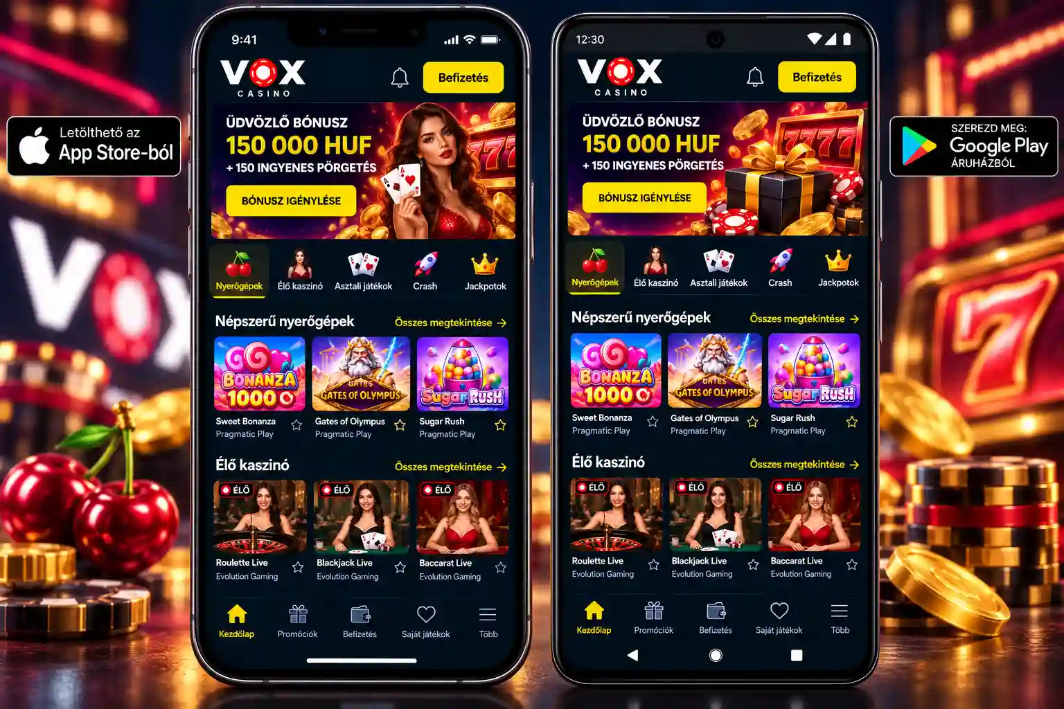 Vox Casino alkalmazás – iOS és Android mobilnézet egymás mellett