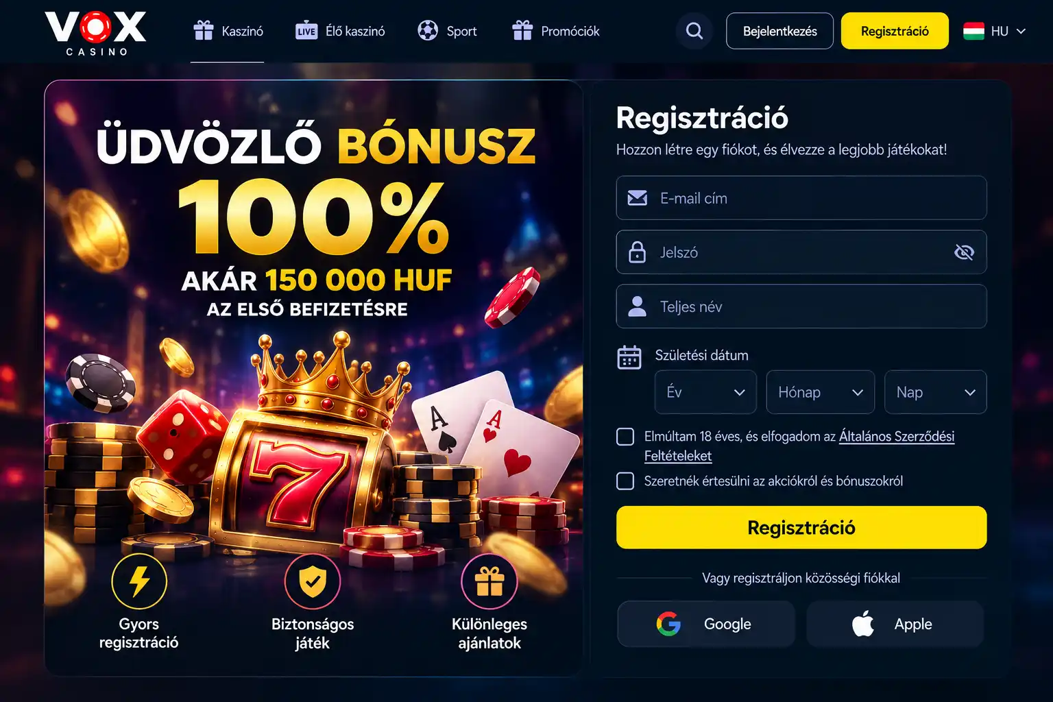Vox Casino regisztrációs oldal