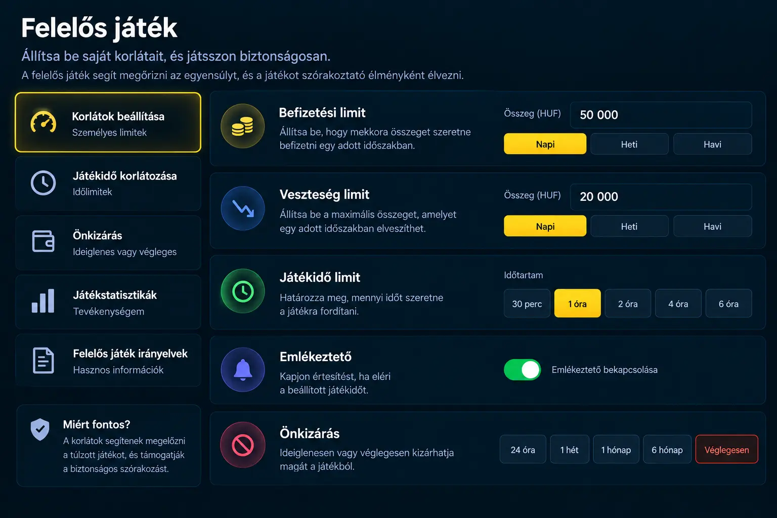 Vox Casino felelős játék beállítások – limitbeállító mezőkkel