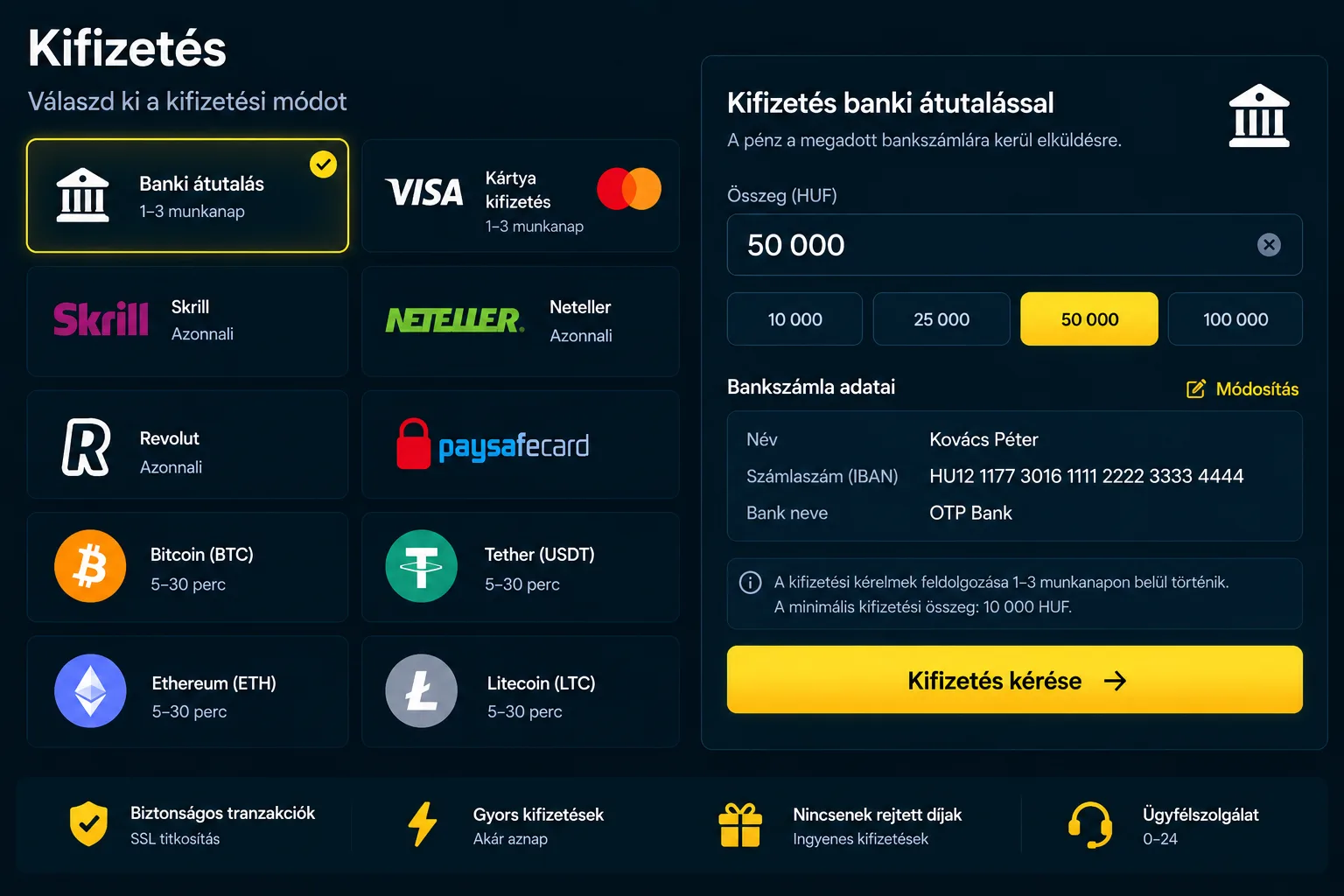 Vox Casino kifizetési kérelem – összegbevitel és fizetési módválasztó